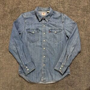 Levis Western Denim Shirt Womens S Blue Pearl Snap Slim Fit Long Sleeve